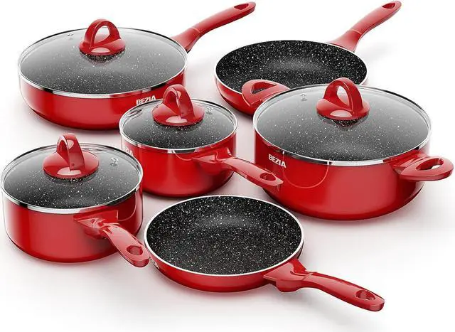 Main image of Induction Cookware Pots and Pans Set 10 Piece, BEZIA Dishwasher Safe Nonstick Cooking Pans, Stay-Cool Bakelite Handle, Scratch Resistant Kitchen Sets with Frying Pans, Saucepans & Stockpot (Red)