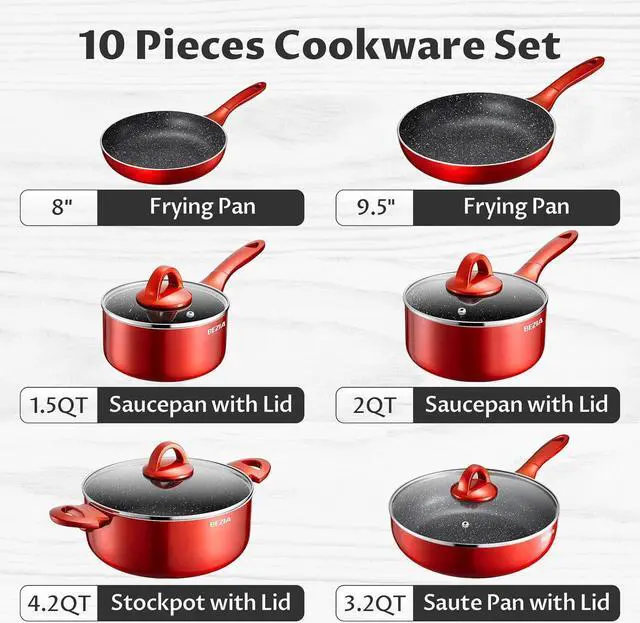 Alt view image 2 of 7 - Induction Cookware Pots and Pans Set 10 Piece, BEZIA Dishwasher Safe Nonstick Cooking Pans, Stay-Cool Bakelite Handle, Scratch Resistant Kitchen Sets with Frying Pans, Saucepans & Stockpot (Red)