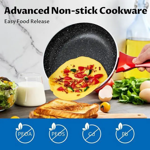 Alt view image 3 of 7 - Induction Cookware Pots and Pans Set 10 Piece, BEZIA Dishwasher Safe Nonstick Cooking Pans, Stay-Cool Bakelite Handle, Scratch Resistant Kitchen Sets with Frying Pans, Saucepans & Stockpot (Red)