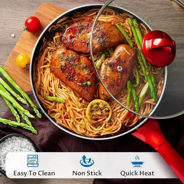 Alt view image 4 of 7 - Induction Cookware Pots and Pans Set 10 Piece, BEZIA Dishwasher Safe Nonstick Cooking Pans, Stay-Cool Bakelite Handle, Scratch Resistant Kitchen Sets with Frying Pans, Saucepans & Stockpot (Red)