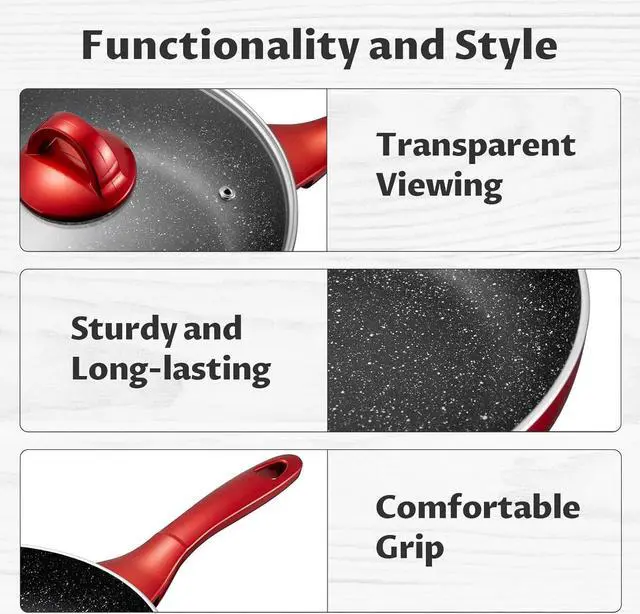Alt view image 6 of 7 - Induction Cookware Pots and Pans Set 10 Piece, BEZIA Dishwasher Safe Nonstick Cooking Pans, Stay-Cool Bakelite Handle, Scratch Resistant Kitchen Sets with Frying Pans, Saucepans & Stockpot (Red)