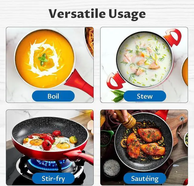 Alt view image 7 of 7 - Induction Cookware Pots and Pans Set 10 Piece, BEZIA Dishwasher Safe Nonstick Cooking Pans, Stay-Cool Bakelite Handle, Scratch Resistant Kitchen Sets with Frying Pans, Saucepans & Stockpot (Red)