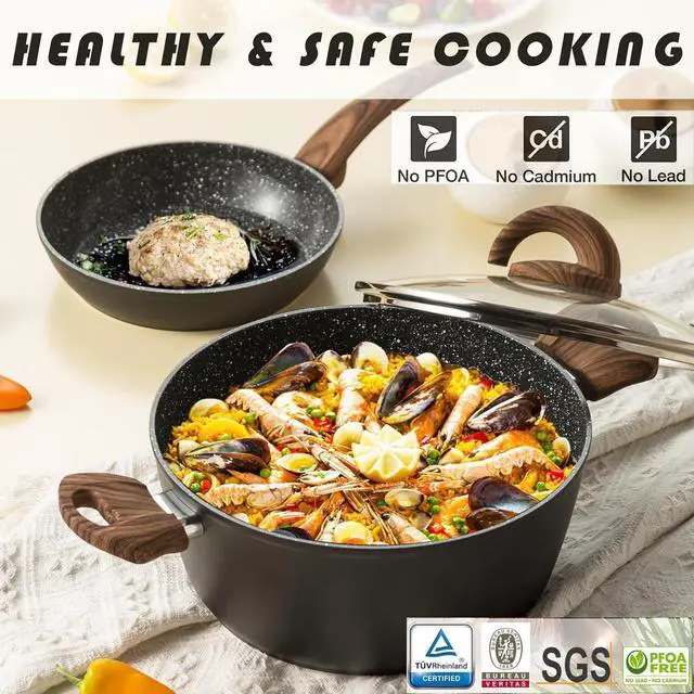 Alt view image 3 of 7 - Pots and Pans Set Non Stick, Ceramic Cookware Set with Granite Pattern Kitchen Cooking Sets Induction Pot and Pan w/Frying Pans, Saucepans, Casserole, Non-Toxic, PTFE/PFOA/PFOS-Free, Black