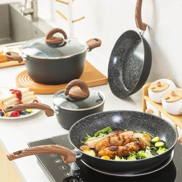 Alt view image 2 of 7 - Pots and Pans Set Non Stick, Ceramic Cookware Set with Granite Pattern Kitchen Cooking Sets Induction Pot and Pan w/Frying Pans, Saucepans, Casserole, Non-Toxic, PTFE/PFOA/PFOS-Free, Black