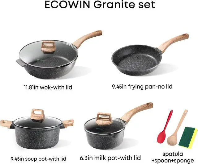 Alt view image 2 of 7 - Pots and Pans Set Non Stick, Cookware Sets 10Pcs, Granite Cookware Set, Black kitchen Pan Sets for Cooking Nonstick,Induction Cookware,Dishwasher Safe Cooking Set,PFOA Free