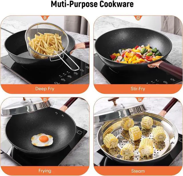 Alt view image 3 of 7 - 12.5 Woks & Stir-Fry Pans with Lid Steamer, Nonstick Ceramic Wok Pan with Lid, Deep Large Induction Hard Anodized Frying Wok, Carbon Steel Wok Set Flat Bottom, Large Saute Pan Set