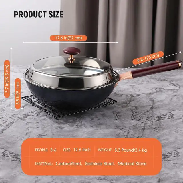 Alt view image 4 of 7 - 12.5 Woks & Stir-Fry Pans with Lid Steamer, Nonstick Ceramic Wok Pan with Lid, Deep Large Induction Hard Anodized Frying Wok, Carbon Steel Wok Set Flat Bottom, Large Saute Pan Set