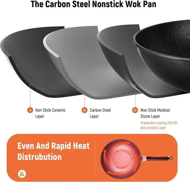 Alt view image 6 of 7 - 12.5 Woks & Stir-Fry Pans with Lid Steamer, Nonstick Ceramic Wok Pan with Lid, Deep Large Induction Hard Anodized Frying Wok, Carbon Steel Wok Set Flat Bottom, Large Saute Pan Set