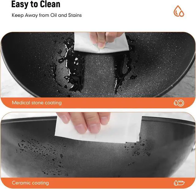 Alt view image 7 of 7 - 12.5 Woks & Stir-Fry Pans with Lid Steamer, Nonstick Ceramic Wok Pan with Lid, Deep Large Induction Hard Anodized Frying Wok, Carbon Steel Wok Set Flat Bottom, Large Saute Pan Set