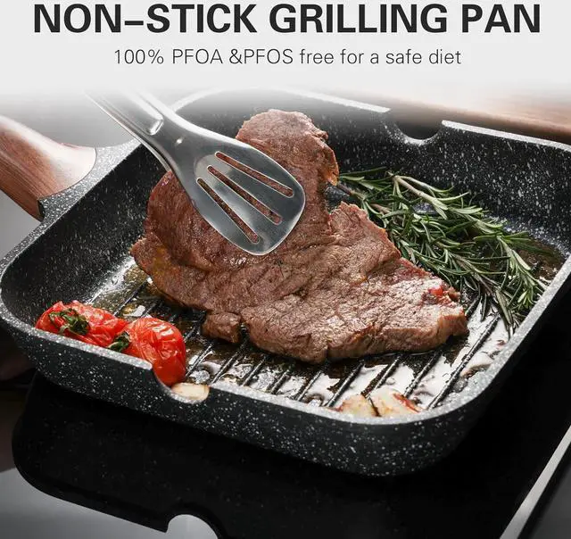 Alt view image 2 of 6 - Nonstick Grilling Pan with Lid for Stove Tops, 11 Inch Square Grill Pan for Indoor Cooking, Granite Coating Grill Skillet with Pour Spouts, Versatile Griddle, Induction Steak Pan, PFOA Free