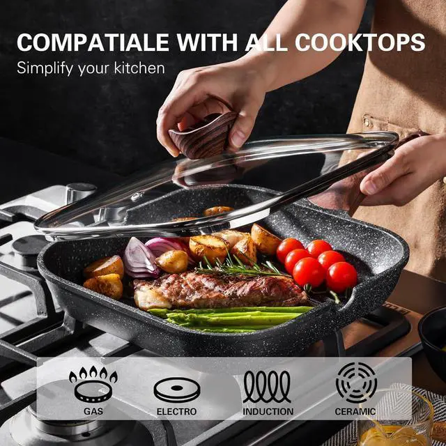 Alt view image 3 of 6 - Nonstick Grilling Pan with Lid for Stove Tops, 11 Inch Square Grill Pan for Indoor Cooking, Granite Coating Grill Skillet with Pour Spouts, Versatile Griddle, Induction Steak Pan, PFOA Free
