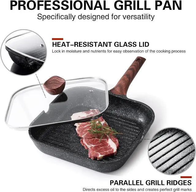 Alt view image 5 of 6 - Nonstick Grilling Pan with Lid for Stove Tops, 11 Inch Square Grill Pan for Indoor Cooking, Granite Coating Grill Skillet with Pour Spouts, Versatile Griddle, Induction Steak Pan, PFOA Free