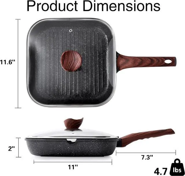 Alt view image 6 of 6 - Nonstick Grilling Pan with Lid for Stove Tops, 11 Inch Square Grill Pan for Indoor Cooking, Granite Coating Grill Skillet with Pour Spouts, Versatile Griddle, Induction Steak Pan, PFOA Free