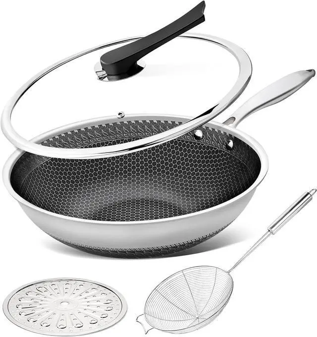 Main image of MICHELANGELO Wok Pan with Lid, 12 Inch Stainless Steel Wok with Spider Strainer and Steaming Rack, Honeycomb & Stir-fry Pans Flat Bottom Wok Induction Compatible, Dishwasher and Oven Safe