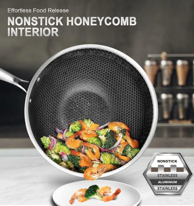 Alt view image 2 of 7 - MICHELANGELO Wok Pan with Lid, 12 Inch Stainless Steel Wok with Spider Strainer and Steaming Rack, Honeycomb & Stir-fry Pans Flat Bottom Wok Induction Compatible, Dishwasher and Oven Safe