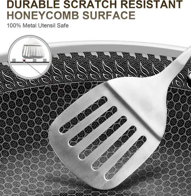 Alt view image 3 of 7 - MICHELANGELO Wok Pan with Lid, 12 Inch Stainless Steel Wok with Spider Strainer and Steaming Rack, Honeycomb & Stir-fry Pans Flat Bottom Wok Induction Compatible, Dishwasher and Oven Safe