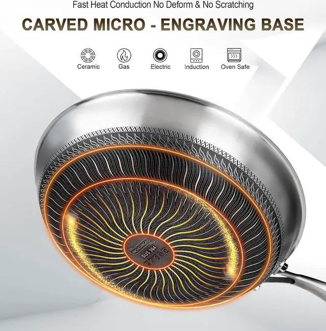 Alt view image 4 of 7 - MICHELANGELO Wok Pan with Lid, 12 Inch Stainless Steel Wok with Spider Strainer and Steaming Rack, Honeycomb & Stir-fry Pans Flat Bottom Wok Induction Compatible, Dishwasher and Oven Safe