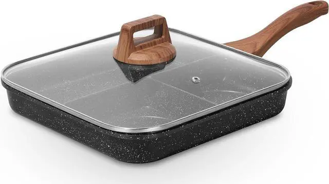 Main image of ESLITE LIFE 11 Inch Nonstick Divided Grill Pan with Lid for Indoor Cooking, Versatile 3-In-1 Induction Large Breakfast Pan for Stove Tops, PTFE & PFOA Free, Black