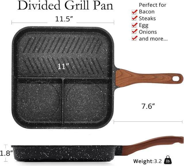 Alt view image 2 of 7 - ESLITE LIFE 11 Inch Nonstick Divided Grill Pan with Lid for Indoor Cooking, Versatile 3-In-1 Induction Large Breakfast Pan for Stove Tops, PTFE & PFOA Free, Black