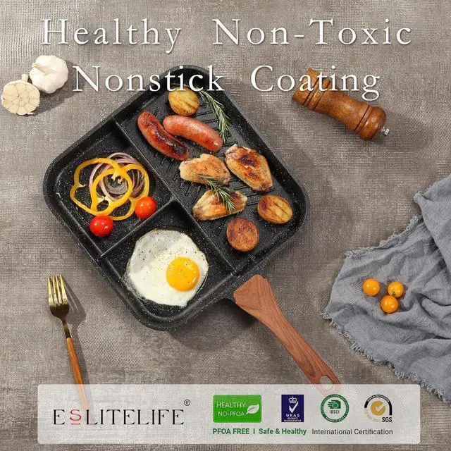 Alt view image 3 of 7 - ESLITE LIFE 11 Inch Nonstick Divided Grill Pan with Lid for Indoor Cooking, Versatile 3-In-1 Induction Large Breakfast Pan for Stove Tops, PTFE & PFOA Free, Black
