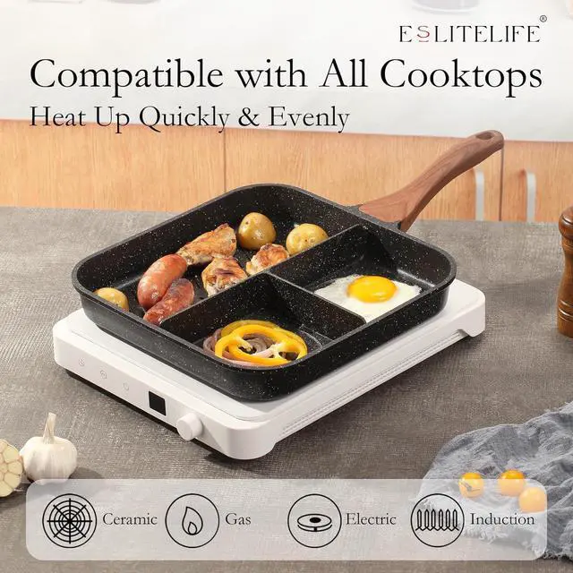 Alt view image 4 of 7 - ESLITE LIFE 11 Inch Nonstick Divided Grill Pan with Lid for Indoor Cooking, Versatile 3-In-1 Induction Large Breakfast Pan for Stove Tops, PTFE & PFOA Free, Black