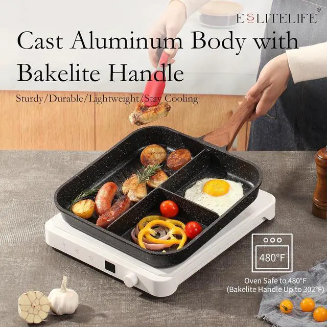 Alt view image 5 of 7 - ESLITE LIFE 11 Inch Nonstick Divided Grill Pan with Lid for Indoor Cooking, Versatile 3-In-1 Induction Large Breakfast Pan for Stove Tops, PTFE & PFOA Free, Black