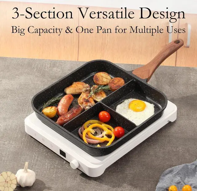 Alt view image 6 of 7 - ESLITE LIFE 11 Inch Nonstick Divided Grill Pan with Lid for Indoor Cooking, Versatile 3-In-1 Induction Large Breakfast Pan for Stove Tops, PTFE & PFOA Free, Black