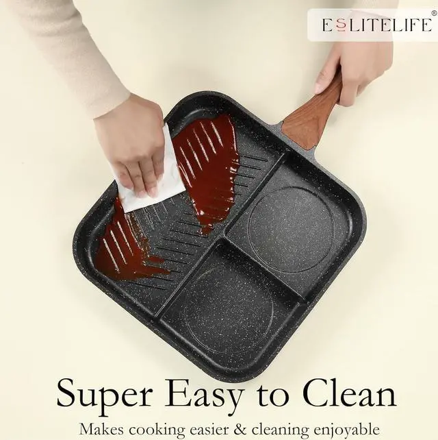 Alt view image 7 of 7 - ESLITE LIFE 11 Inch Nonstick Divided Grill Pan with Lid for Indoor Cooking, Versatile 3-In-1 Induction Large Breakfast Pan for Stove Tops, PTFE & PFOA Free, Black