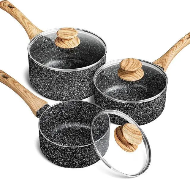 Main image of MICHELANGELO Saucepan Set with Lid, Nonstick Sauce Pan with Lid 1QT, 2QT & 3QT, Stone Saucepan Sets, Small Sauce Pot with Lid, Granite Sauce pan 3 Piece, Sauce Pots, Black