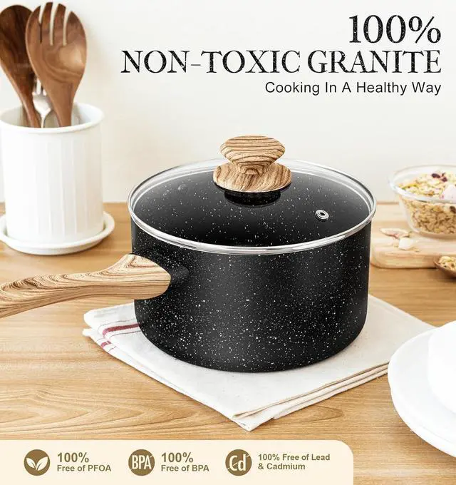 Alt view image 3 of 7 - MICHELANGELO Saucepan Set with Lid, Nonstick Sauce Pan with Lid 1QT, 2QT & 3QT, Stone Saucepan Sets, Small Sauce Pot with Lid, Granite Sauce pan 3 Piece, Sauce Pots, Black