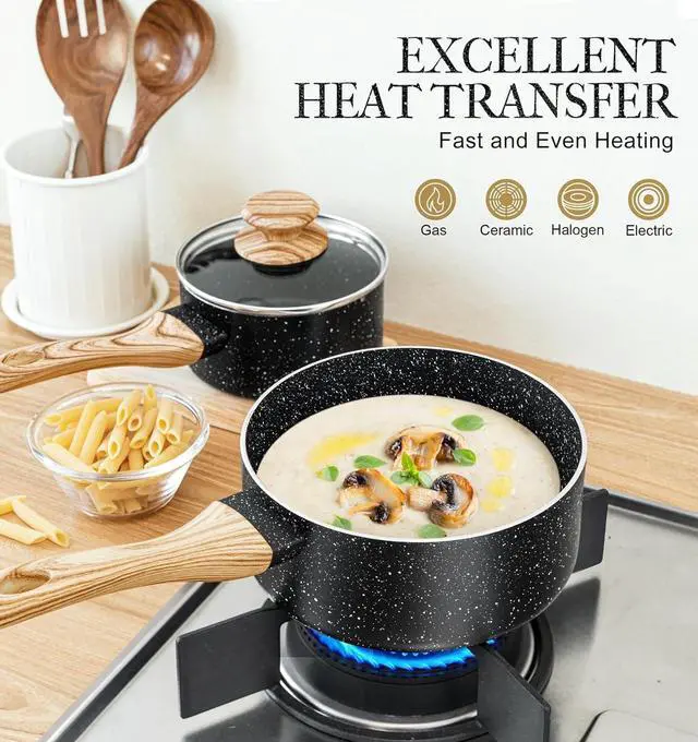 Alt view image 4 of 7 - MICHELANGELO Saucepan Set with Lid, Nonstick Sauce Pan with Lid 1QT, 2QT & 3QT, Stone Saucepan Sets, Small Sauce Pot with Lid, Granite Sauce pan 3 Piece, Sauce Pots, Black