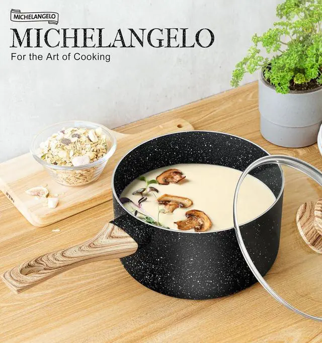 Alt view image 6 of 7 - MICHELANGELO Saucepan Set with Lid, Nonstick Sauce Pan with Lid 1QT, 2QT & 3QT, Stone Saucepan Sets, Small Sauce Pot with Lid, Granite Sauce pan 3 Piece, Sauce Pots, Black