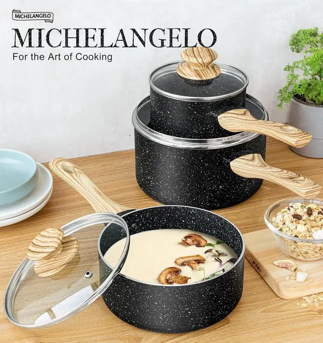Alt view image 7 of 7 - MICHELANGELO Saucepan Set with Lid, Nonstick Sauce Pan with Lid 1QT, 2QT & 3QT, Stone Saucepan Sets, Small Sauce Pot with Lid, Granite Sauce pan 3 Piece, Sauce Pots, Black