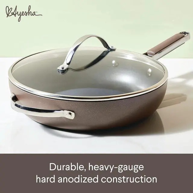 Alt view image 3 of 7 - Ayesha Curry Kitchenware 80293 Professional Hard Anodized Nonstick Deep Frying Pan/Skillet with Lid and Helper Handle, 12.25 Inch - Charcoal
