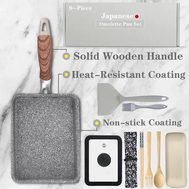 Alt view image 2 of 7 - 9 PCS Tamagoyaki Pan Set, Japanese Omelette Pan Nonstick with Lid, Square Japanese Egg Pan, Rectangle Tamago Pan 7" x 5" Grey