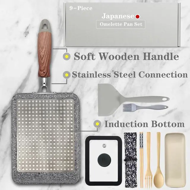 Alt view image 3 of 7 - 9 PCS Tamagoyaki Pan Set, Japanese Omelette Pan Nonstick with Lid, Square Japanese Egg Pan, Rectangle Tamago Pan 7" x 5" Grey