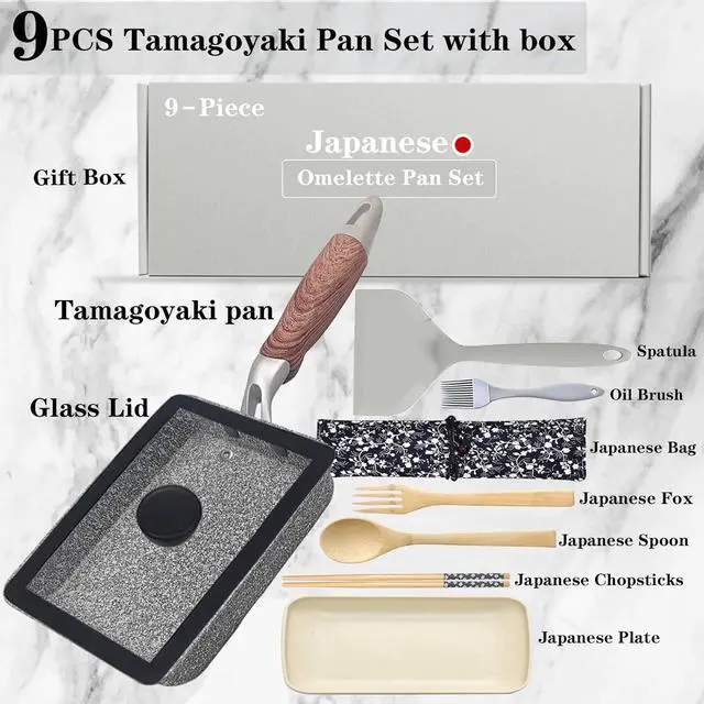 Alt view image 6 of 7 - 9 PCS Tamagoyaki Pan Set, Japanese Omelette Pan Nonstick with Lid, Square Japanese Egg Pan, Rectangle Tamago Pan 7" x 5" Grey