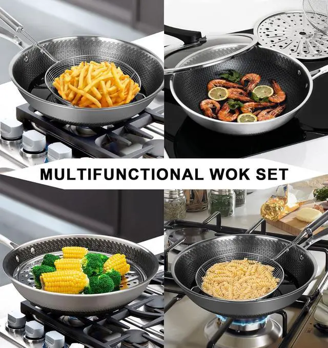 Alt view image 6 of 7 - MICHELANGELO Wok Pan with Lid, 12 Inch Stainless Steel Wok with Spider Strainer and Steaming Rack, Honeycomb & Stir-fry Pans Flat Bottom Wok Induction Compatible, Dishwasher and Oven Safe