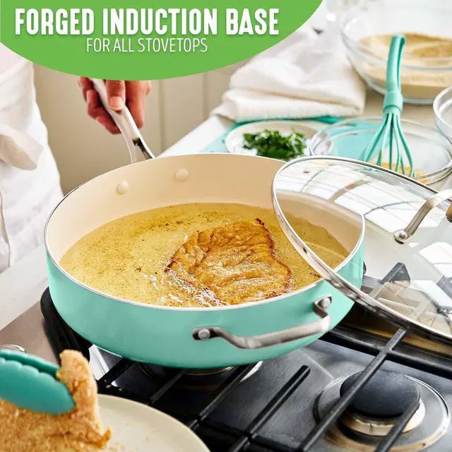 Alt view image 2 of 7 - GreenLife Artisan Healthy Ceramic Nonstick, 5QT Saute Pan Jumbo Cooker with Helper Handle and Lid, Stainless Steel Handle, Induction, PFAS-Free, Dishwasher Safe, Oven Safe, Turquoise