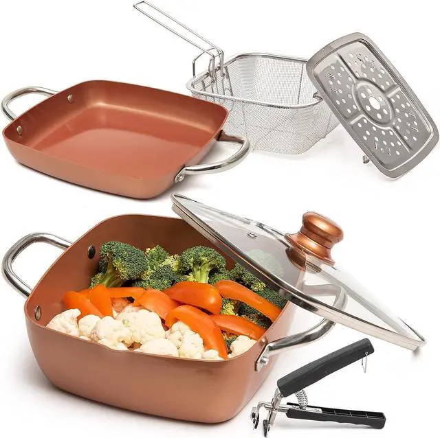 Main image of Moss & Stone Copper 6 Piece Set Chef Cookware, Non Stick Pan, Deep Square Pan, Fry Basket, Steamer Tray, Dishwasher & Oven Safe, 5 Quart Copper Pot Set, 9.5" Copper Induction Cookware Set