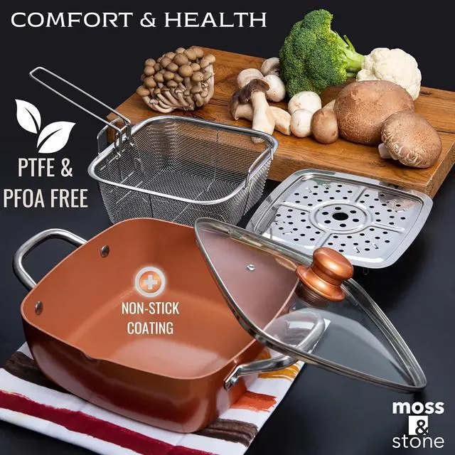 Alt view image 3 of 7 - Moss & Stone Copper 6 Piece Set Chef Cookware, Non Stick Pan, Deep Square Pan, Fry Basket, Steamer Tray, Dishwasher & Oven Safe, 5 Quart Copper Pot Set, 9.5" Copper Induction Cookware Set