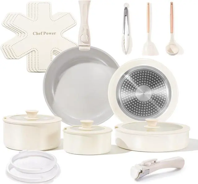 Main image of Chef Power Ceramic Nonstick Pots and Pans Set 19 Piece with Detachable Handle, Induction Dishwasher Oven Safe Cookware Set, RV Kitchen Set Removable Handle, Granite Grey and White