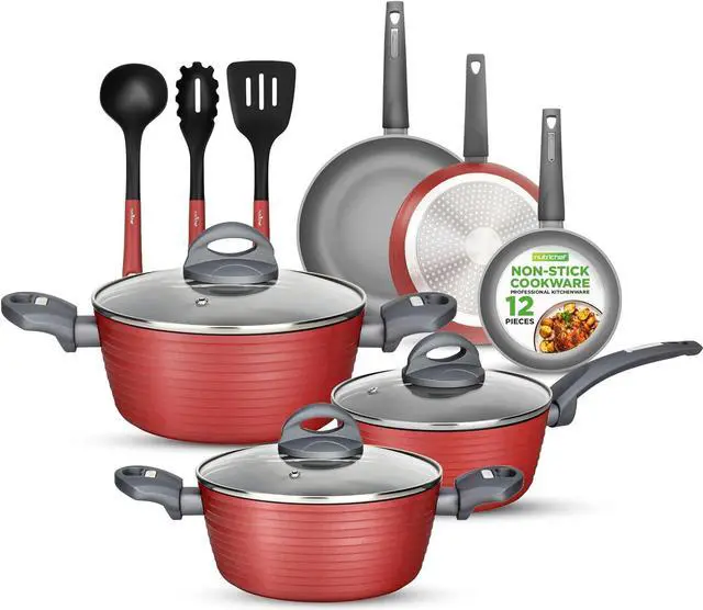 Main image of NutriChefKitchen 12-Piece Nonstick Kitchen Cookware Set-PTFE/PFOA/PFOS-Free Heat Resistant Lacquer Kitchen Ware Pots Pan Set Dark Gray/Red- Saucepot, Pans, Cooking Pot Oven Pot,Lid,Utensil - NCCW12RED