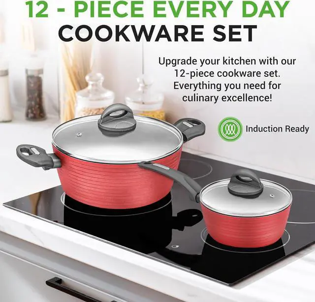 Alt view image 2 of 7 - NutriChefKitchen 12-Piece Nonstick Kitchen Cookware Set-PTFE/PFOA/PFOS-Free Heat Resistant Lacquer Kitchen Ware Pots Pan Set Dark Gray/Red- Saucepot, Pans, Cooking Pot Oven Pot,Lid,Utensil - NCCW12RED