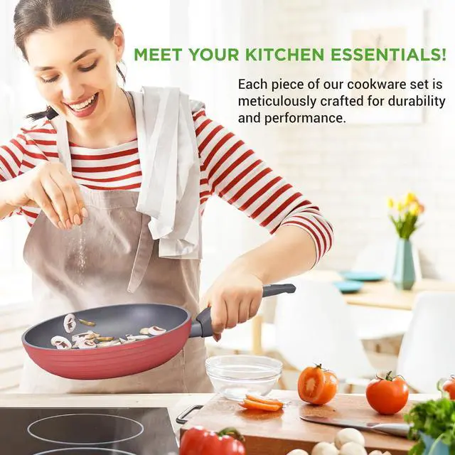 Alt view image 6 of 7 - NutriChefKitchen 12-Piece Nonstick Kitchen Cookware Set-PTFE/PFOA/PFOS-Free Heat Resistant Lacquer Kitchen Ware Pots Pan Set Dark Gray/Red- Saucepot, Pans, Cooking Pot Oven Pot,Lid,Utensil - NCCW12RED