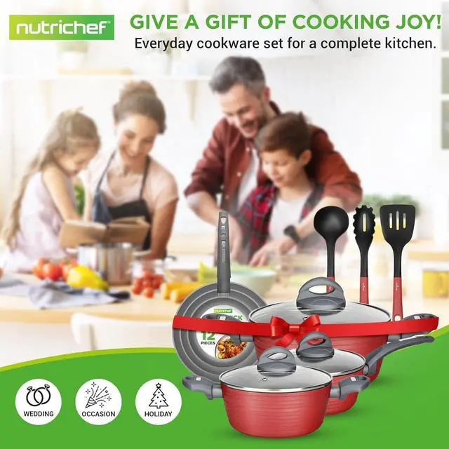 Alt view image 7 of 7 - NutriChefKitchen 12-Piece Nonstick Kitchen Cookware Set-PTFE/PFOA/PFOS-Free Heat Resistant Lacquer Kitchen Ware Pots Pan Set Dark Gray/Red- Saucepot, Pans, Cooking Pot Oven Pot,Lid,Utensil - NCCW12RED