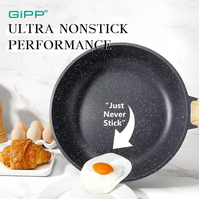 Alt view image 2 of 7 - GiPP Nonstick Frying Pan Skillet with Lid - 9.5" Grey Granite Non Stick Pans, Omelette Pan with Heat-Resistant Handle, Compatible with All Stovetops, PFOA Free