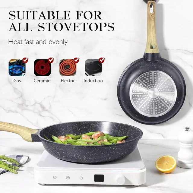 Alt view image 4 of 7 - GiPP Nonstick Frying Pan Skillet with Lid - 9.5" Grey Granite Non Stick Pans, Omelette Pan with Heat-Resistant Handle, Compatible with All Stovetops, PFOA Free
