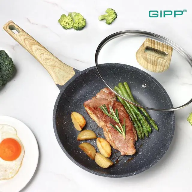 Alt view image 7 of 7 - GiPP Nonstick Frying Pan Skillet with Lid - 9.5" Grey Granite Non Stick Pans, Omelette Pan with Heat-Resistant Handle, Compatible with All Stovetops, PFOA Free