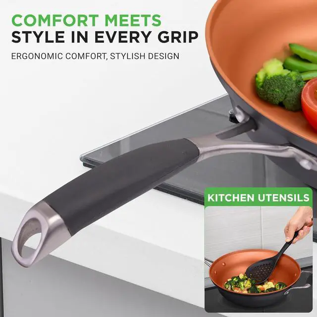 Alt view image 3 of 7 - NutriChef 14-Piece Non-Stick Pots & Pans Set - Multi-Sized Cooking Pots with Lids, Small and Medium Frying Pans with Slotted Spatula, Pasta Server, Soup Ladle, Silicone Handles (Copper Color)